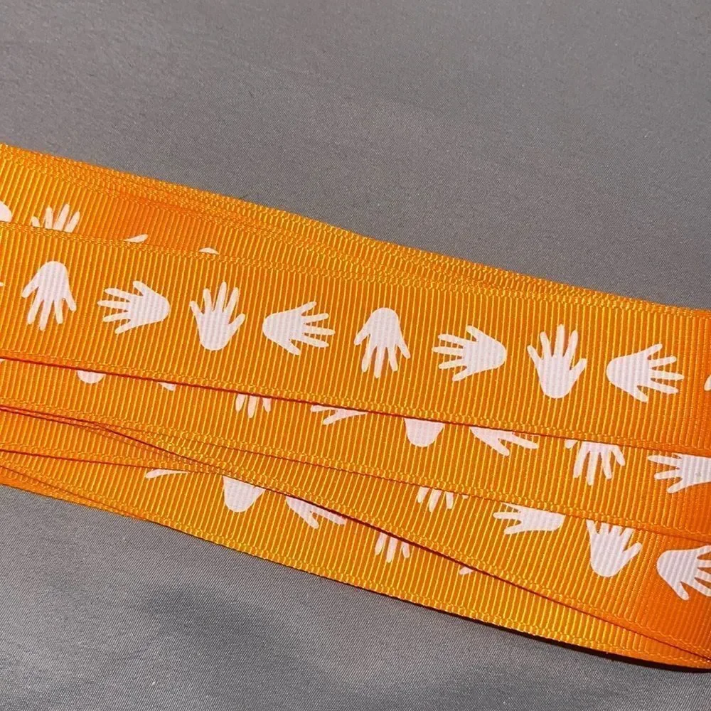 Grosgrain printed Ribbon 7/8” NEW 5 yards orange white hands hand prints print